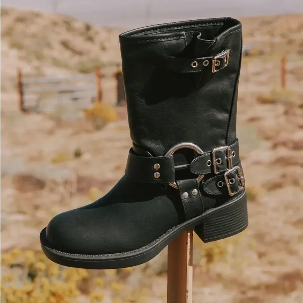 BLACK MOTO COMBAT BIKER BUCKLE BOOTIES